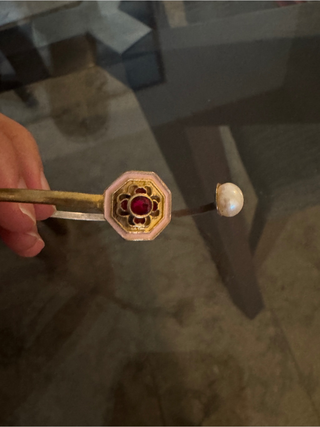 Gold-Tone Open Cuff Bracelet With Pink Enamel Flower And Pearl Accent